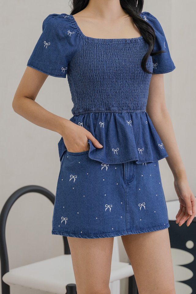 Dayana Rhinestone Ribbon Denim Skort In Dark Wash