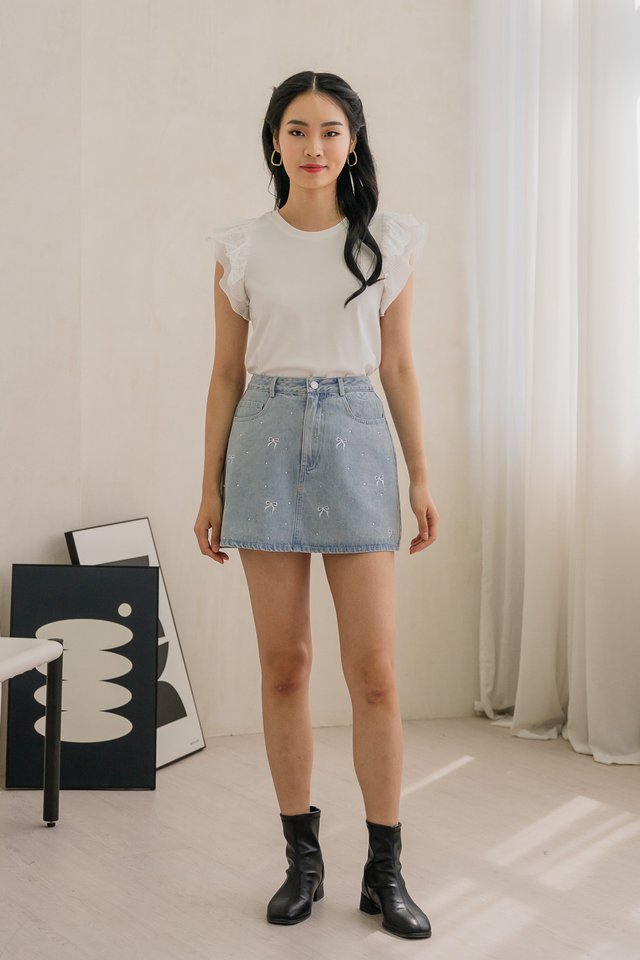 Dayana Rhinestone Ribbon Denim Skort In Light Wash
