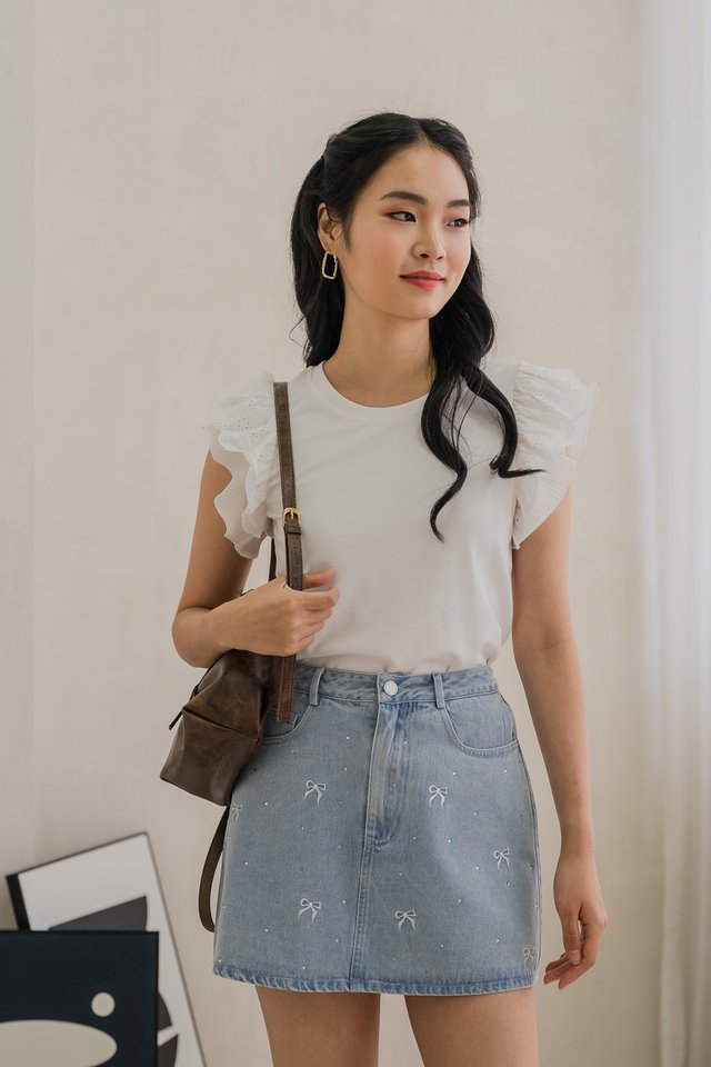 Dayana Rhinestone Ribbon Denim Skort In Light Wash