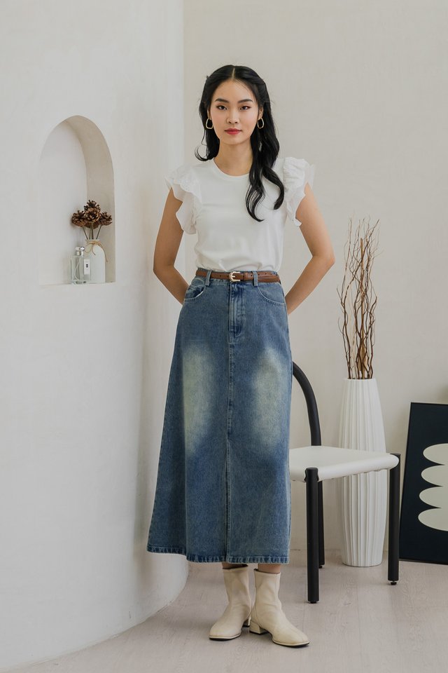 Diondre Denim Slit Maxi Skirt in Vintage Wash