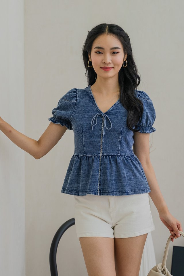 Divine Denim Ribbon Puff Sleeve Top