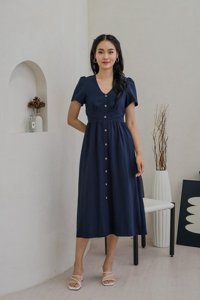 Bronte Empire Button Midi Dress In Navy