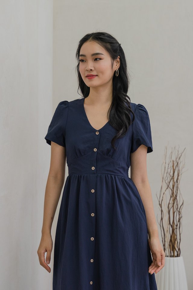 Bronte Empire Button Midi Dress In Navy