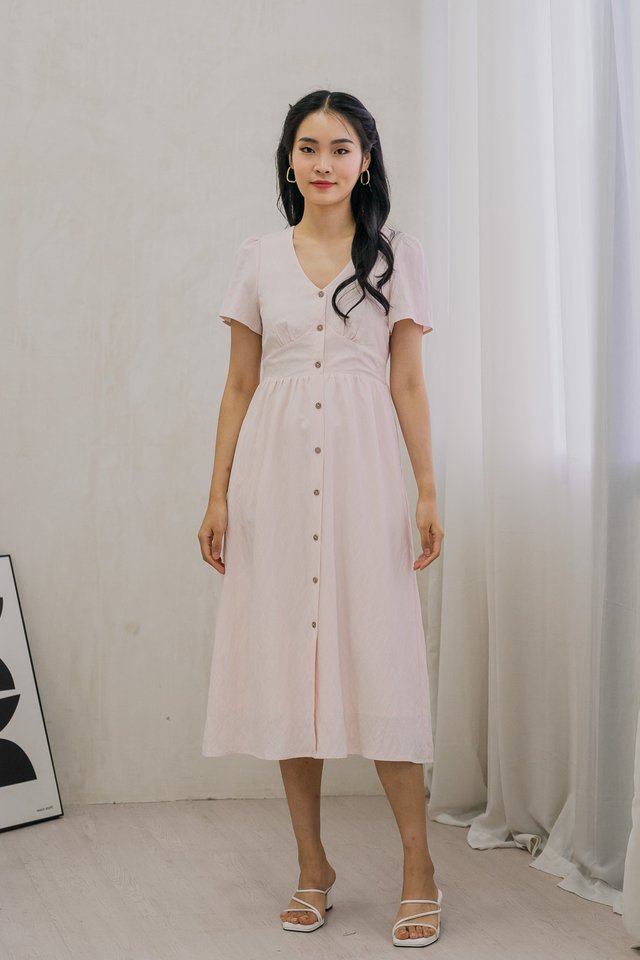 Bronte Empire Button Midi Dress In Baby Pink