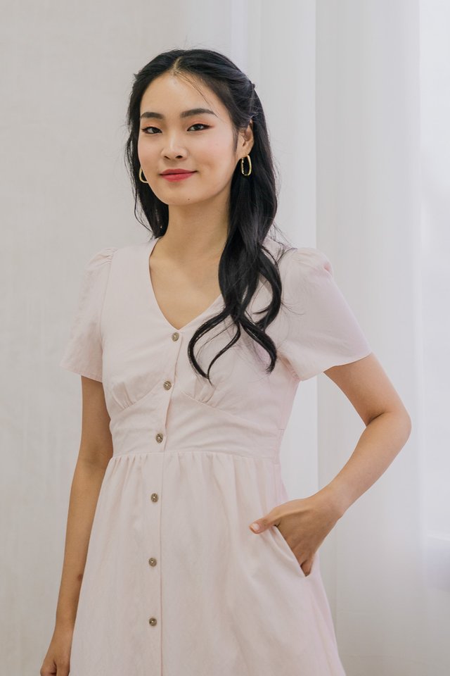 Bronte Empire Button Midi Dress In Baby Pink