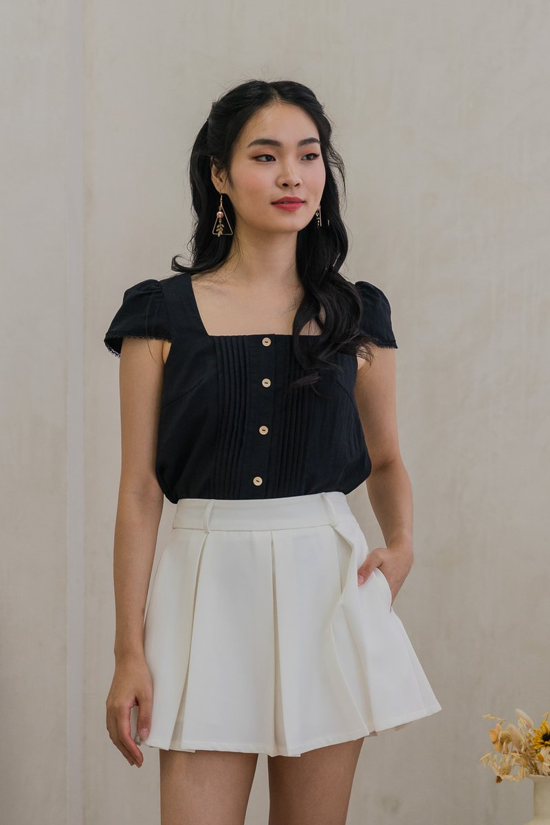 Celestine Pintuck Crochet Sleeve Top In Black