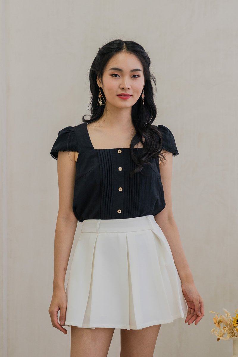Celestine Pintuck Crochet Sleeve Top In Black