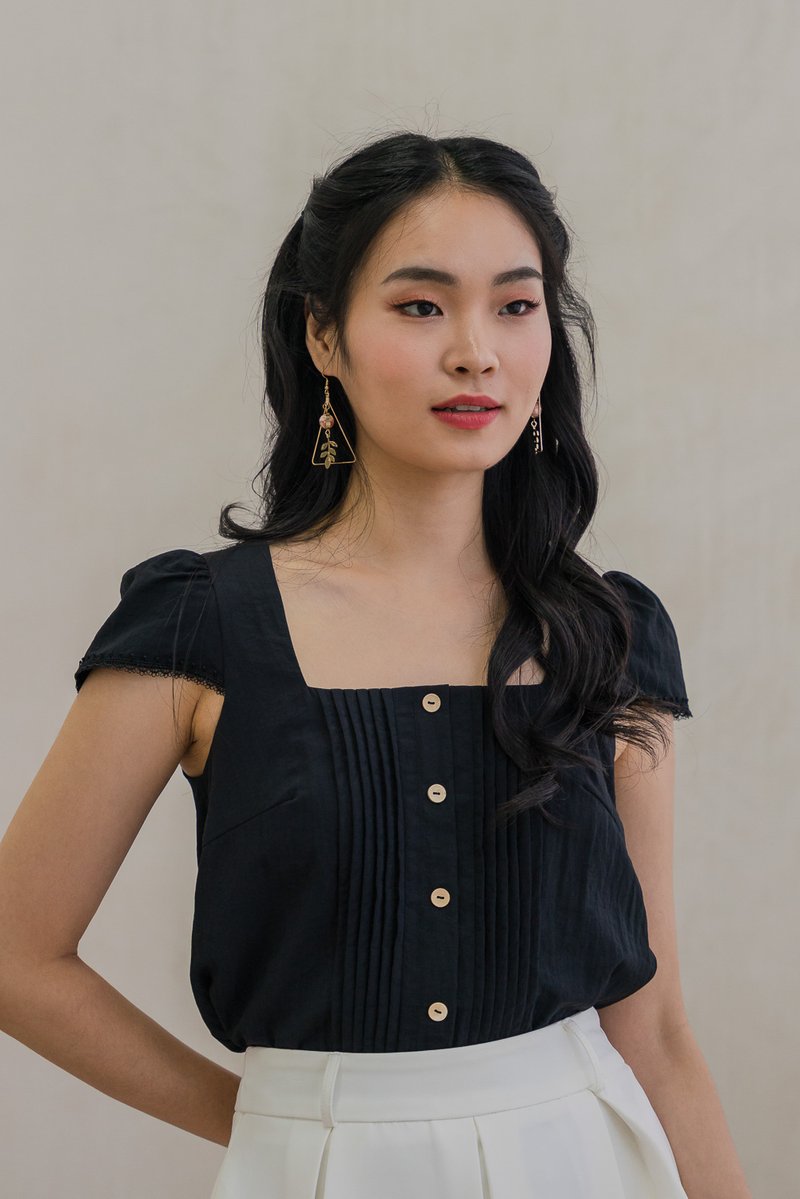 Celestine Pintuck Crochet Sleeve Top In Black