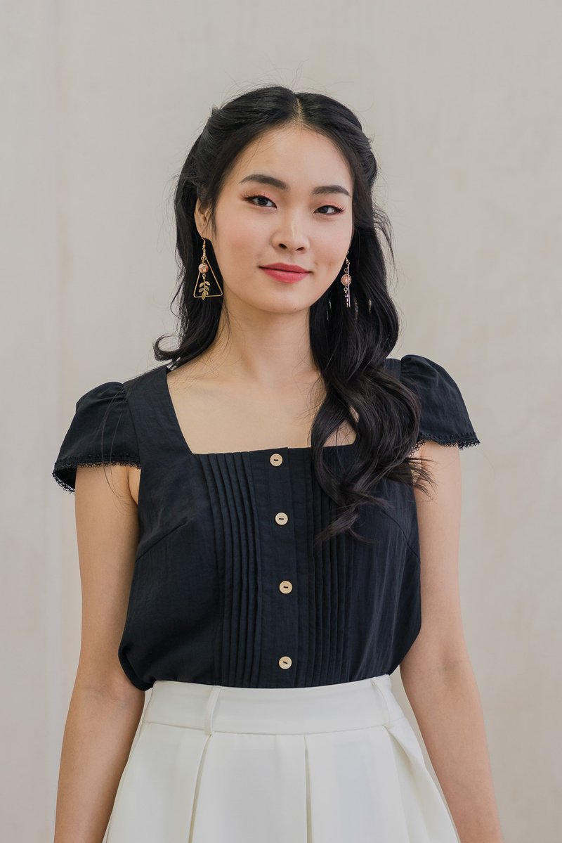 Celestine Pintuck Crochet Sleeve Top In Black