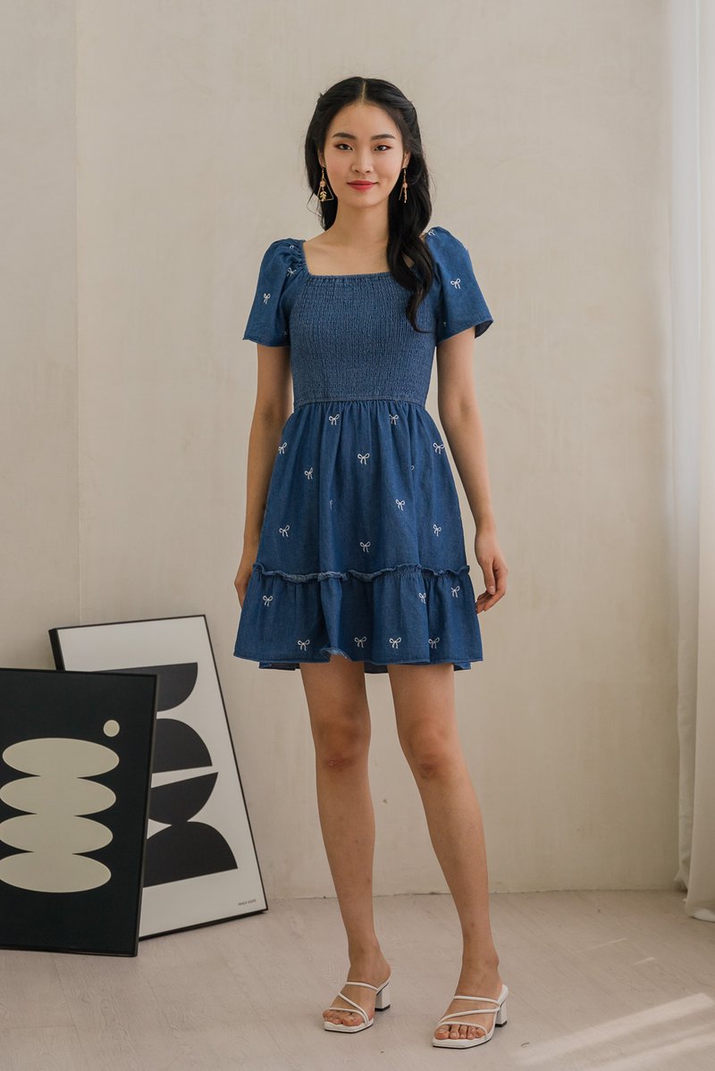 Radiant Smocked Ribbon Denim Dress In Dark Wash (XS)