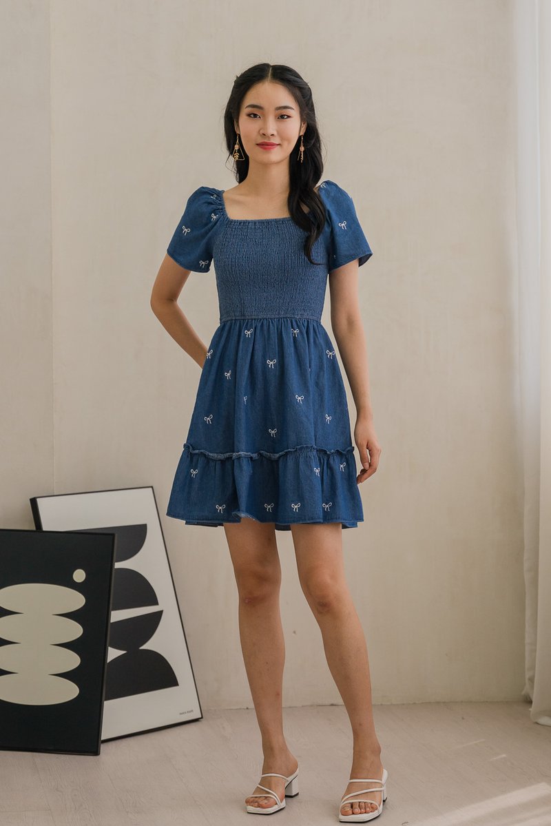 Radiant Smocked Ribbon Denim Dress In Dark Wash (XS)