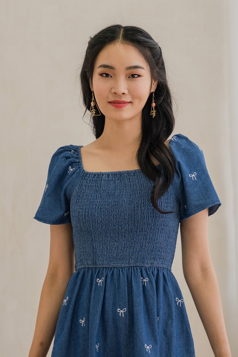 Radiant Smocked Ribbon Denim Dress In Dark Wash (XS)