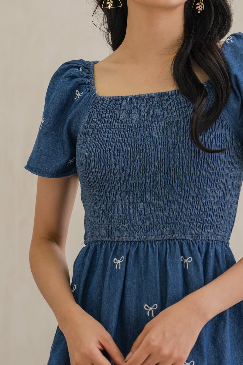 Radiant Smocked Ribbon Denim Dress In Dark Wash (XS)