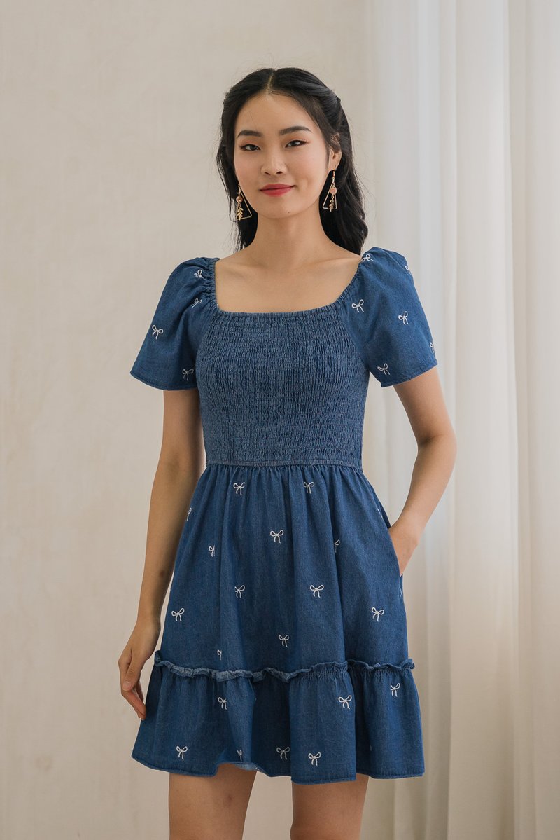 Radiant Smocked Ribbon Denim Dress In Dark Wash (XS)