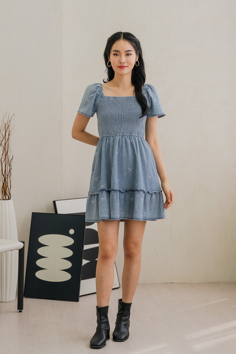 Radiant Smocked Ribbon Denim Dress In Light Wash (XS)