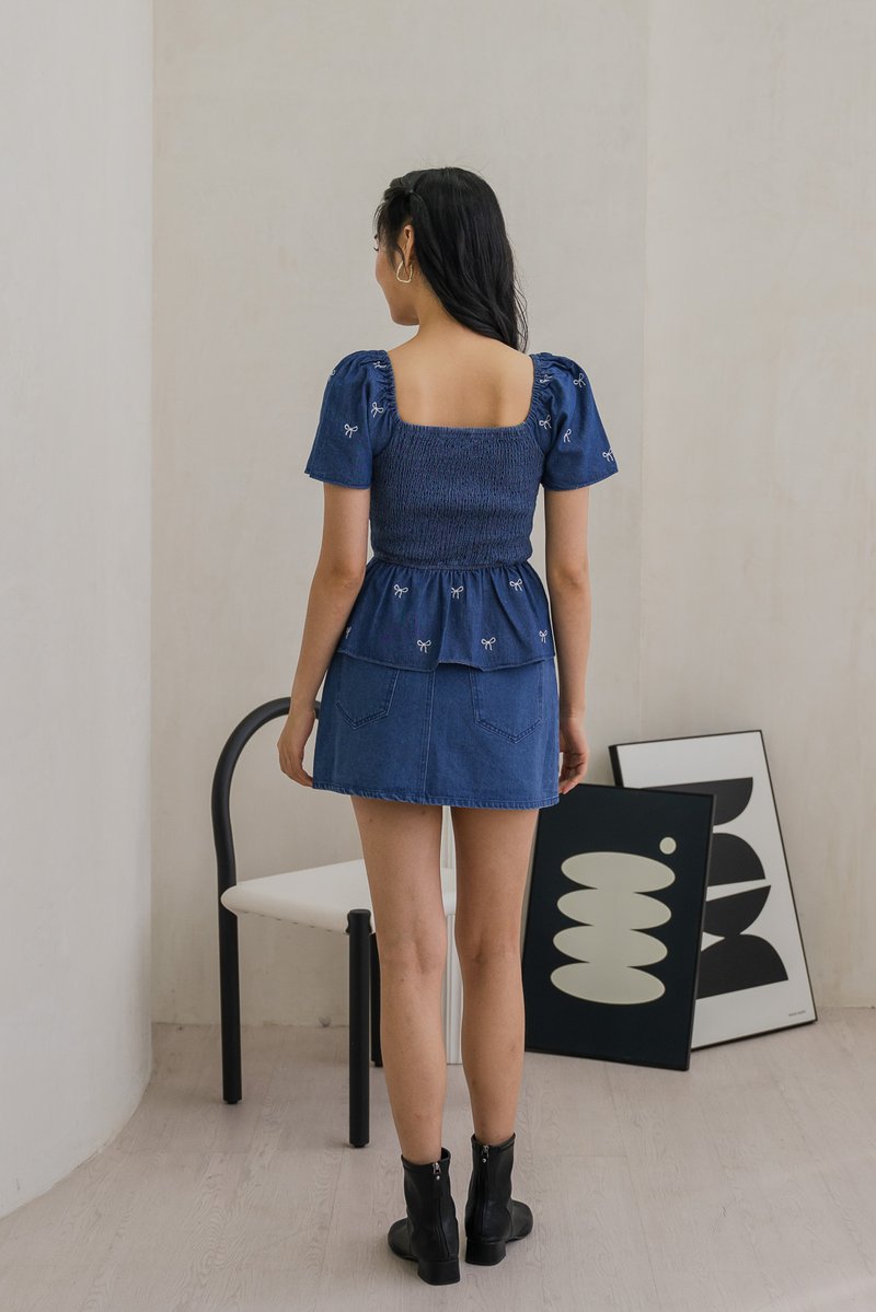 Dayana Rhinestone Ribbon Denim Skort In Dark Wash (XS)