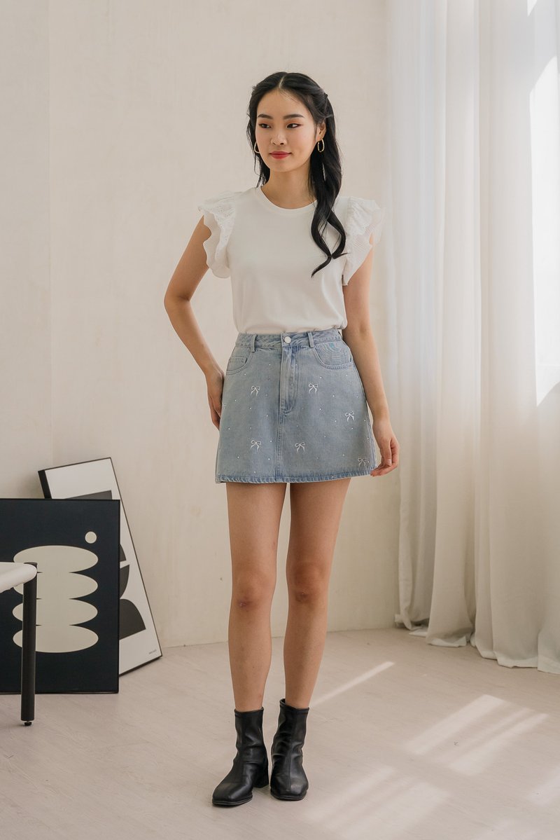 Dayana Rhinestone Ribbon Denim Skort In Light Wash (XS)