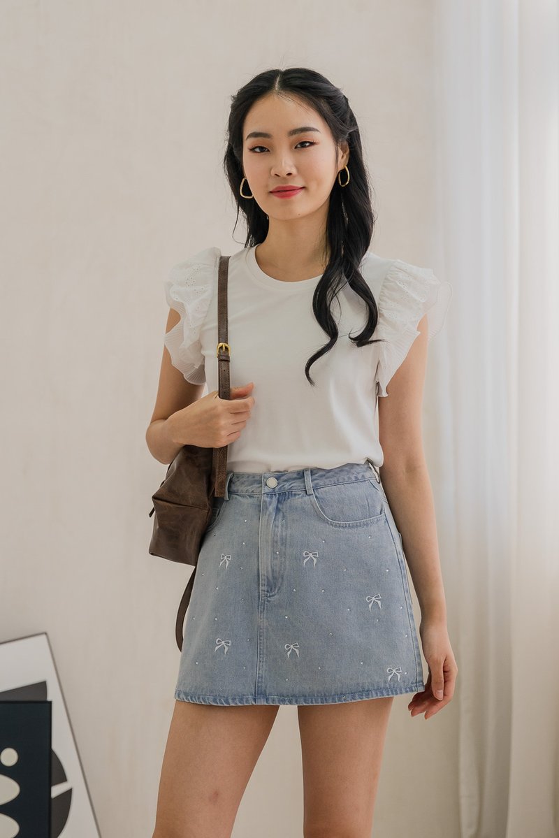 Dayana Rhinestone Ribbon Denim Skort In Light Wash (XS)