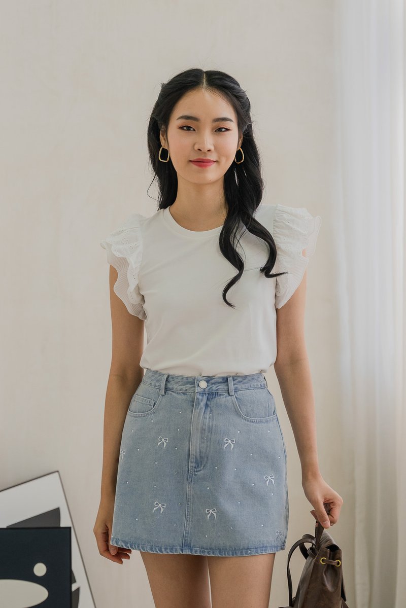 Dayana Rhinestone Ribbon Denim Skort In Light Wash (XS)