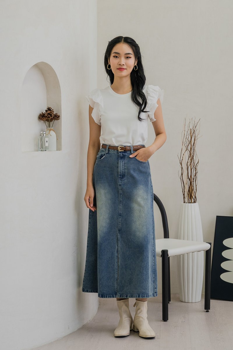 Diondre Denim Slit Maxi Skirt in Vintage Wash