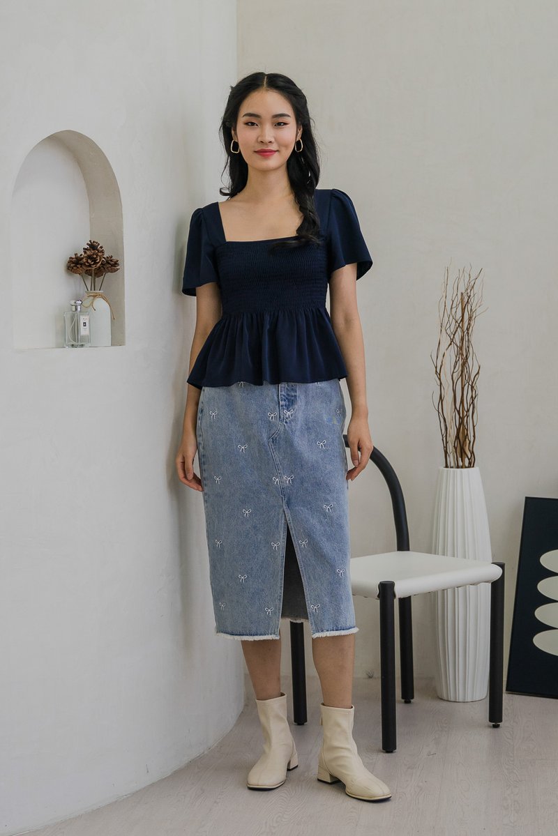 Delancie Ribbon Embroidery Denim Midi Skirt (XS)