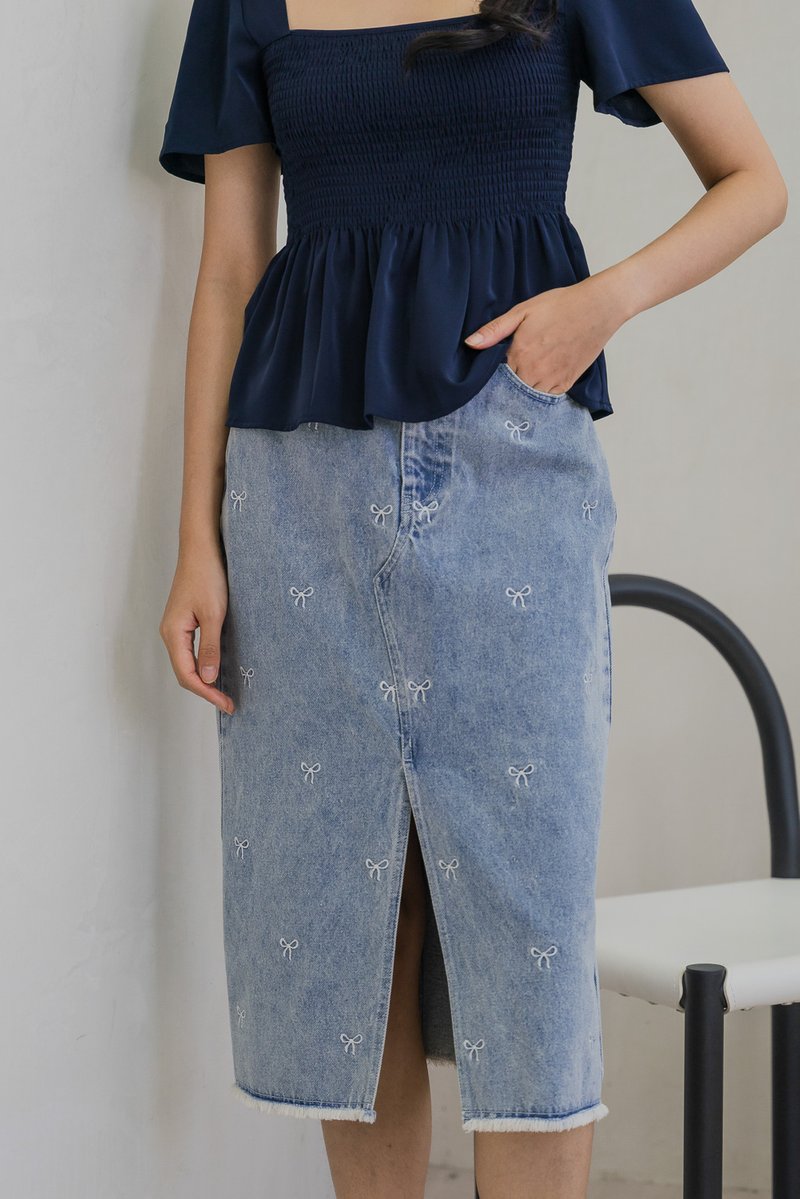 Delancie Ribbon Embroidery Denim Midi Skirt (XS)