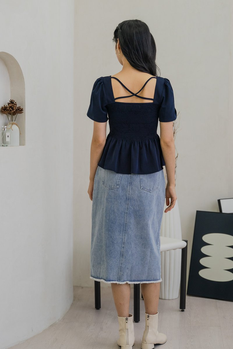 Delancie Ribbon Embroidery Denim Midi Skirt (XS)