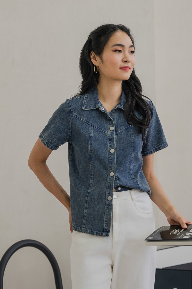 Delphina Denim Collared Button Top