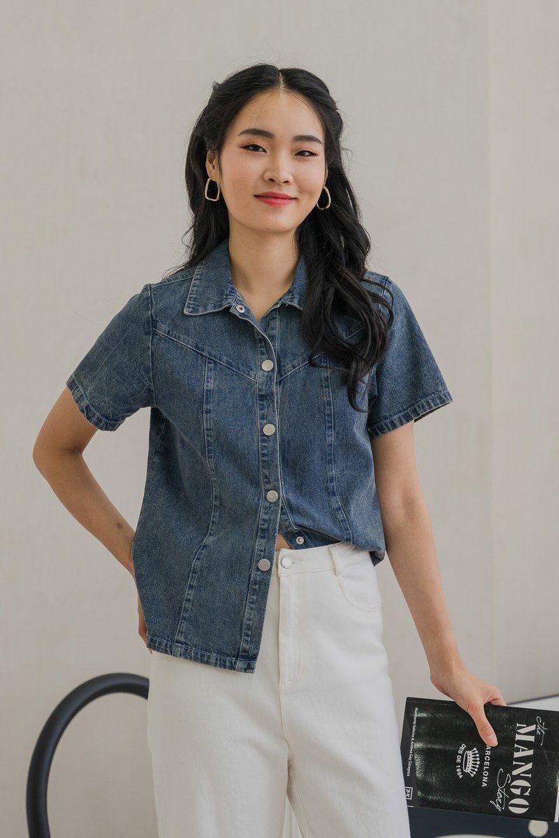 Delphina Denim Collared Button Top
