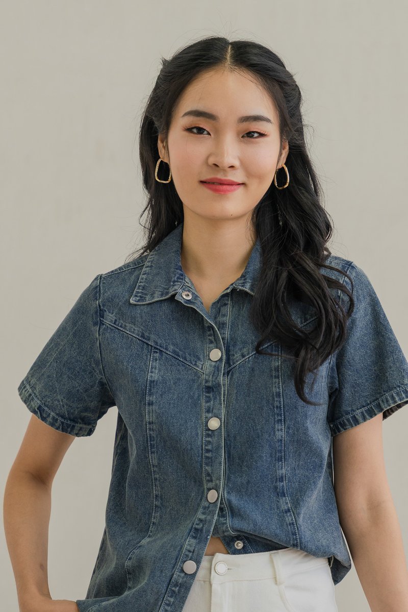 Delphina Denim Collared Button Top