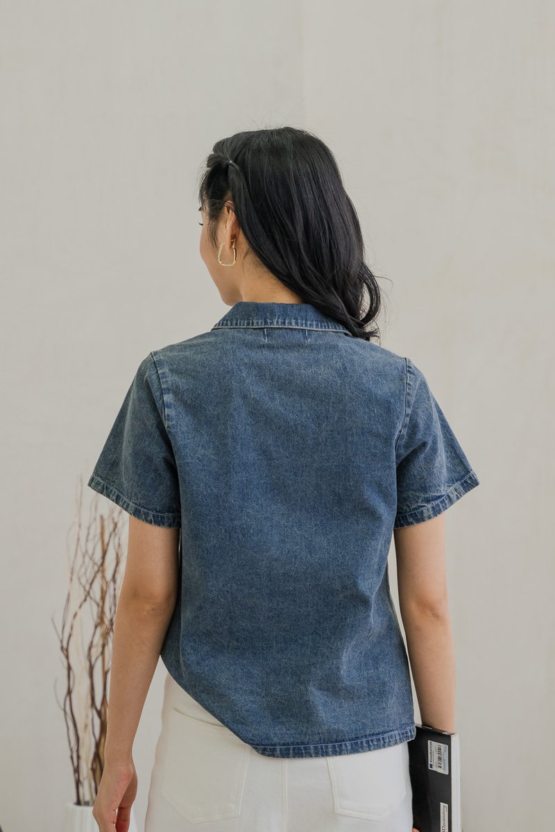 Delphina Denim Collared Button Top