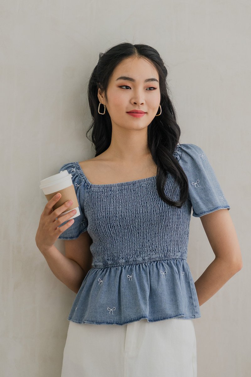 Ricca Smocked Ribbon Denim Top In Light Wash (XS)