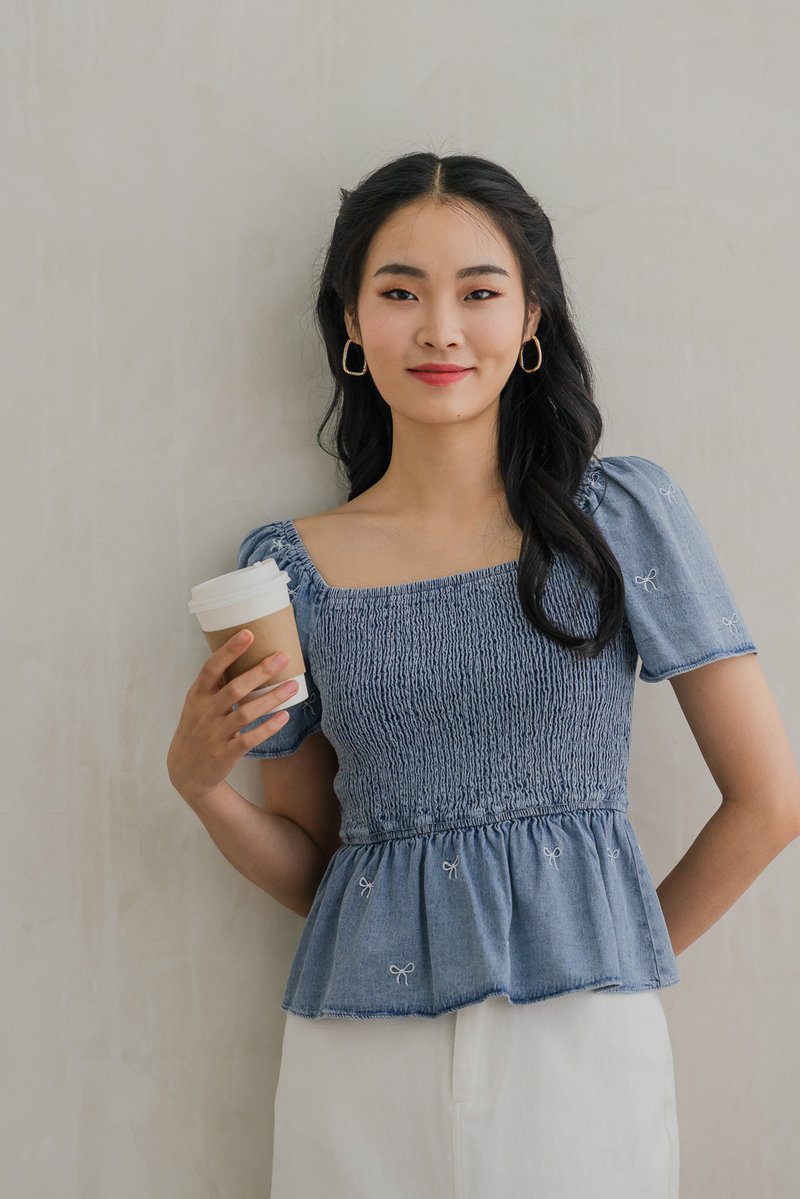 Ricca Smocked Ribbon Denim Top In Light Wash (XS)