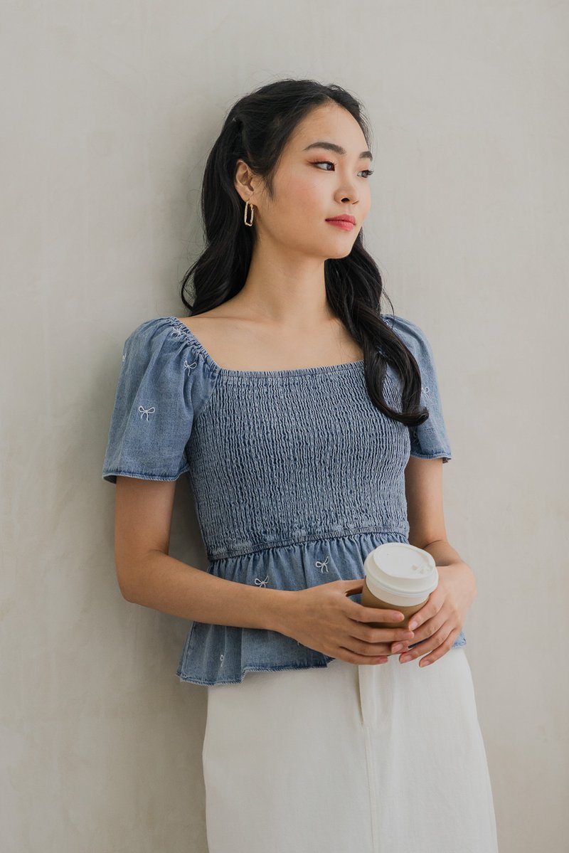 Ricca Smocked Ribbon Denim Top In Light Wash (XS)