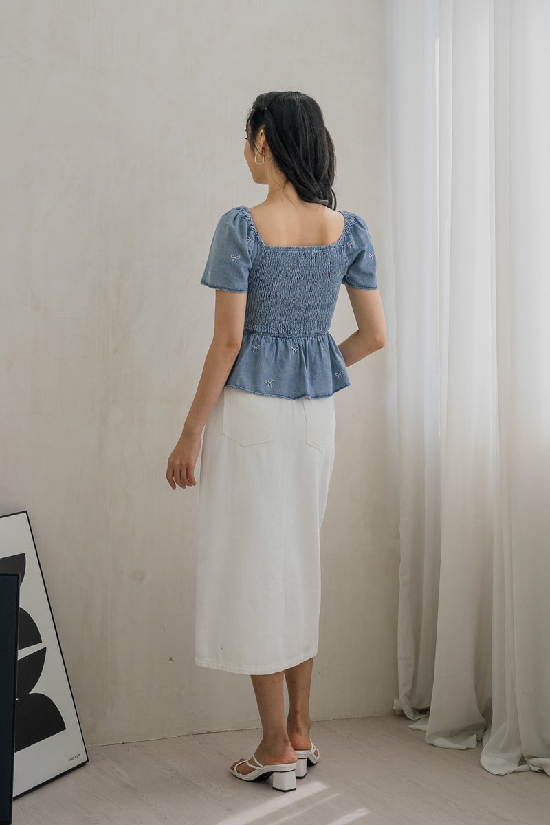 Ricca Smocked Ribbon Denim Top In Light Wash (XS)