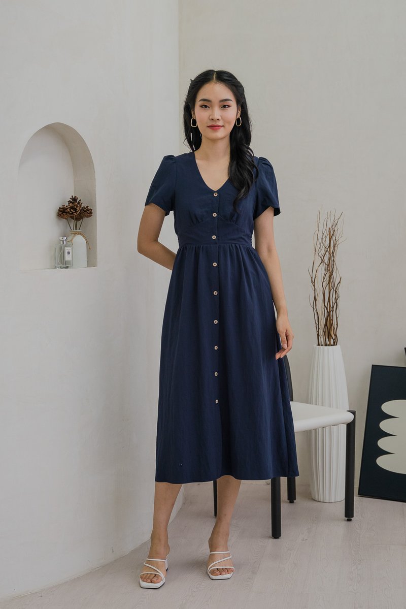 Bronte Empire Button Midi Dress In Navy (XS)