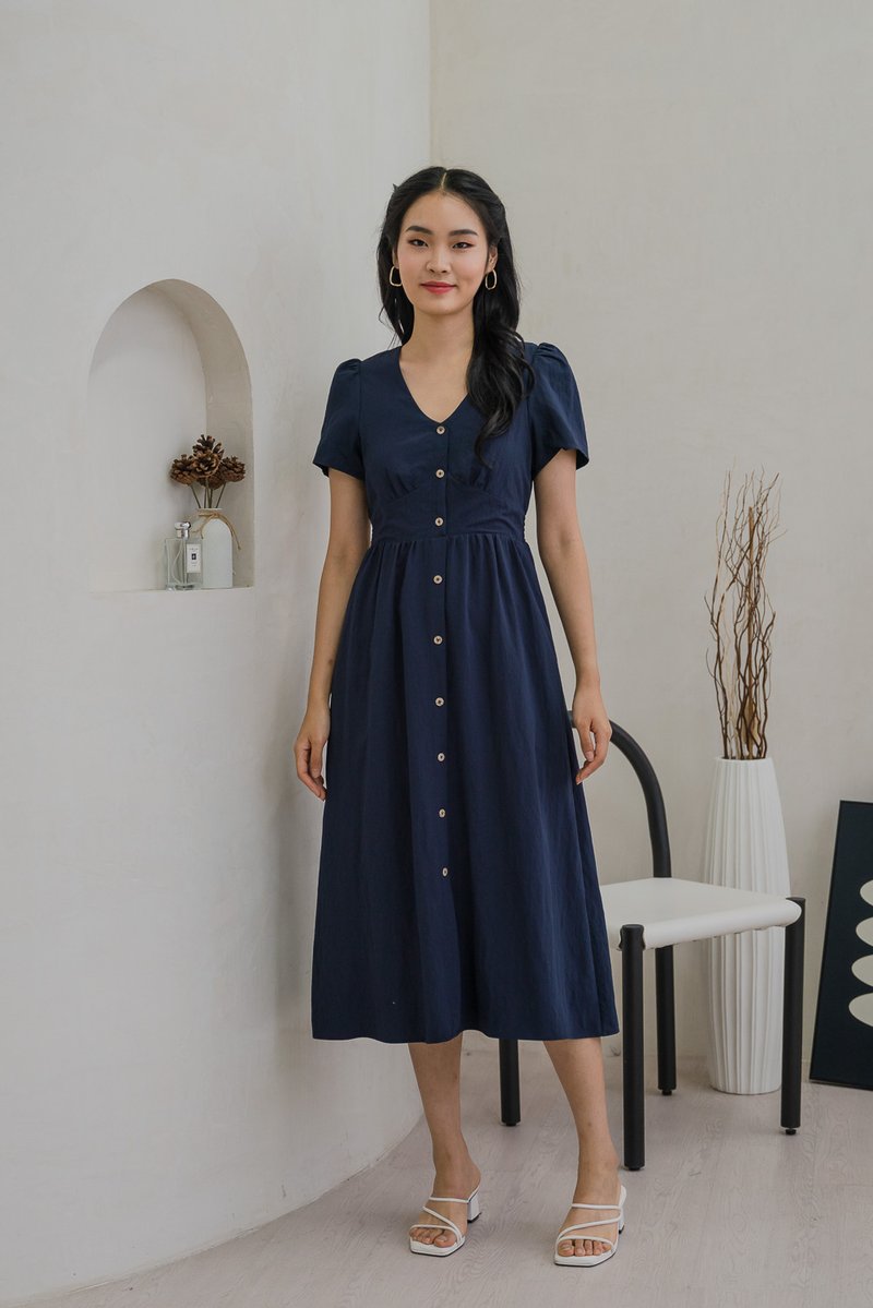 Bronte Empire Button Midi Dress In Navy (XS)