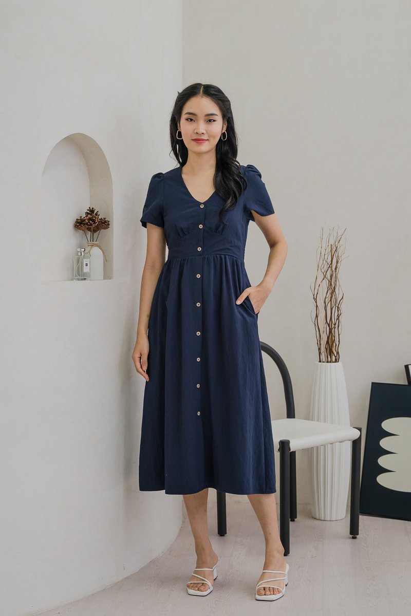 Bronte Empire Button Midi Dress In Navy (XS)