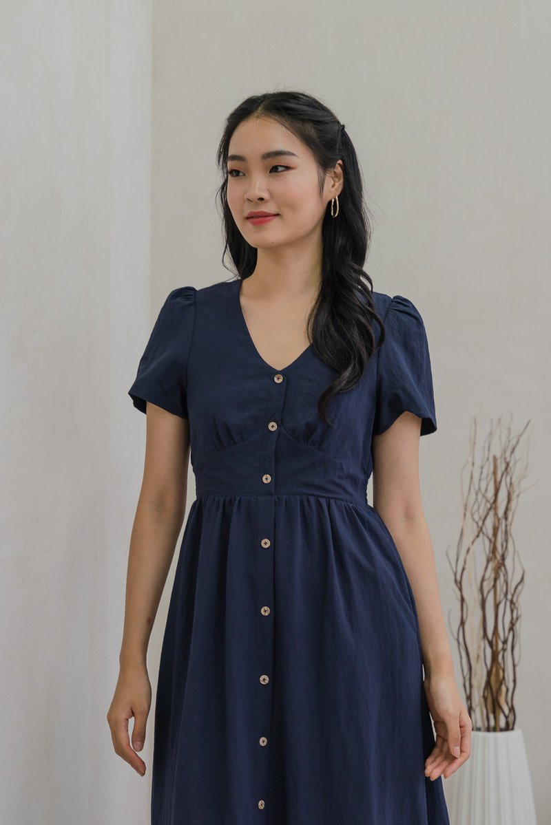 Bronte Empire Button Midi Dress In Navy (XS)