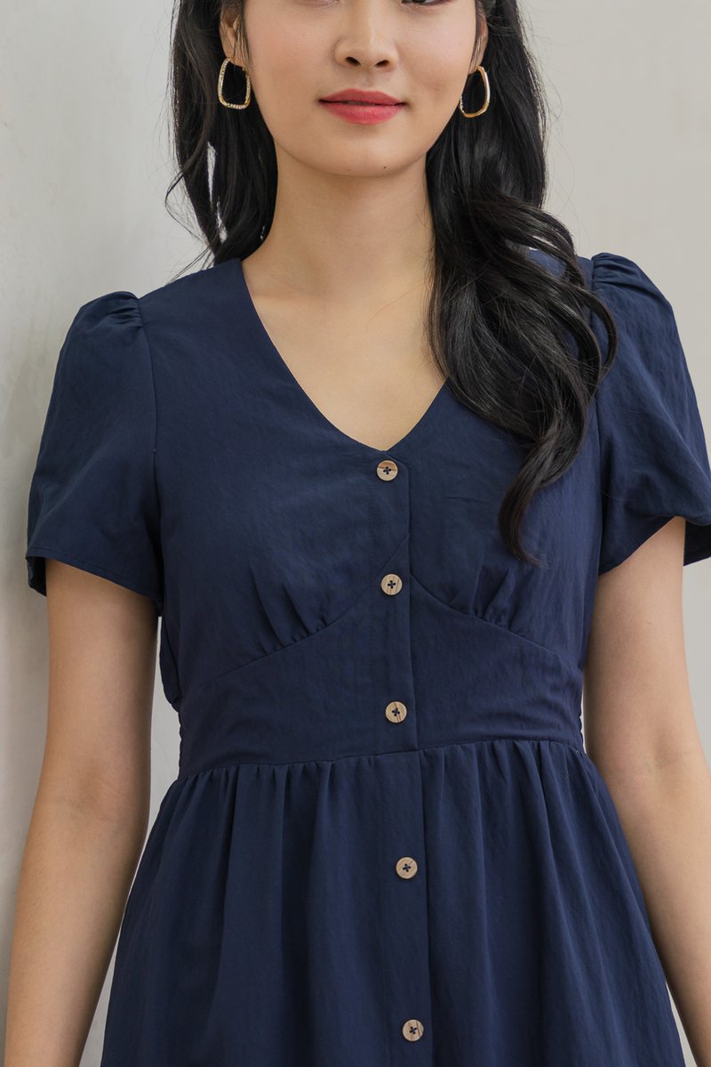 Bronte Empire Button Midi Dress In Navy (XS)