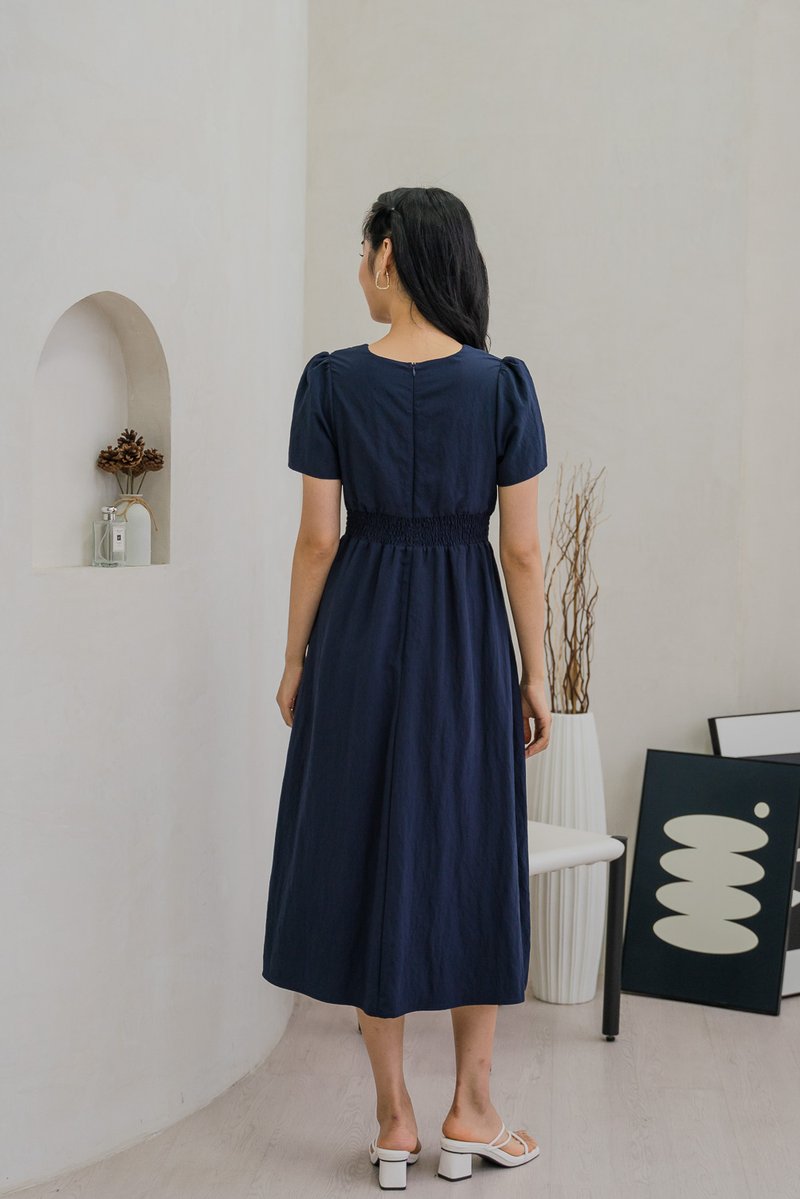Bronte Empire Button Midi Dress In Navy (XS)