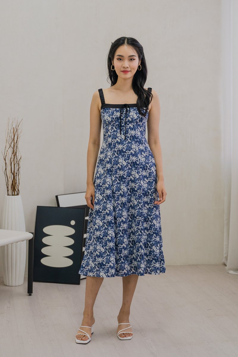 Celestial Printed Ribbon Midi Dress In Navy