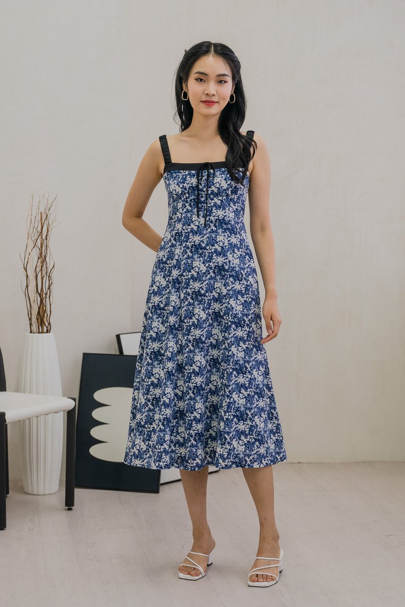 Celestial Printed Ribbon Midi Dress In Navy