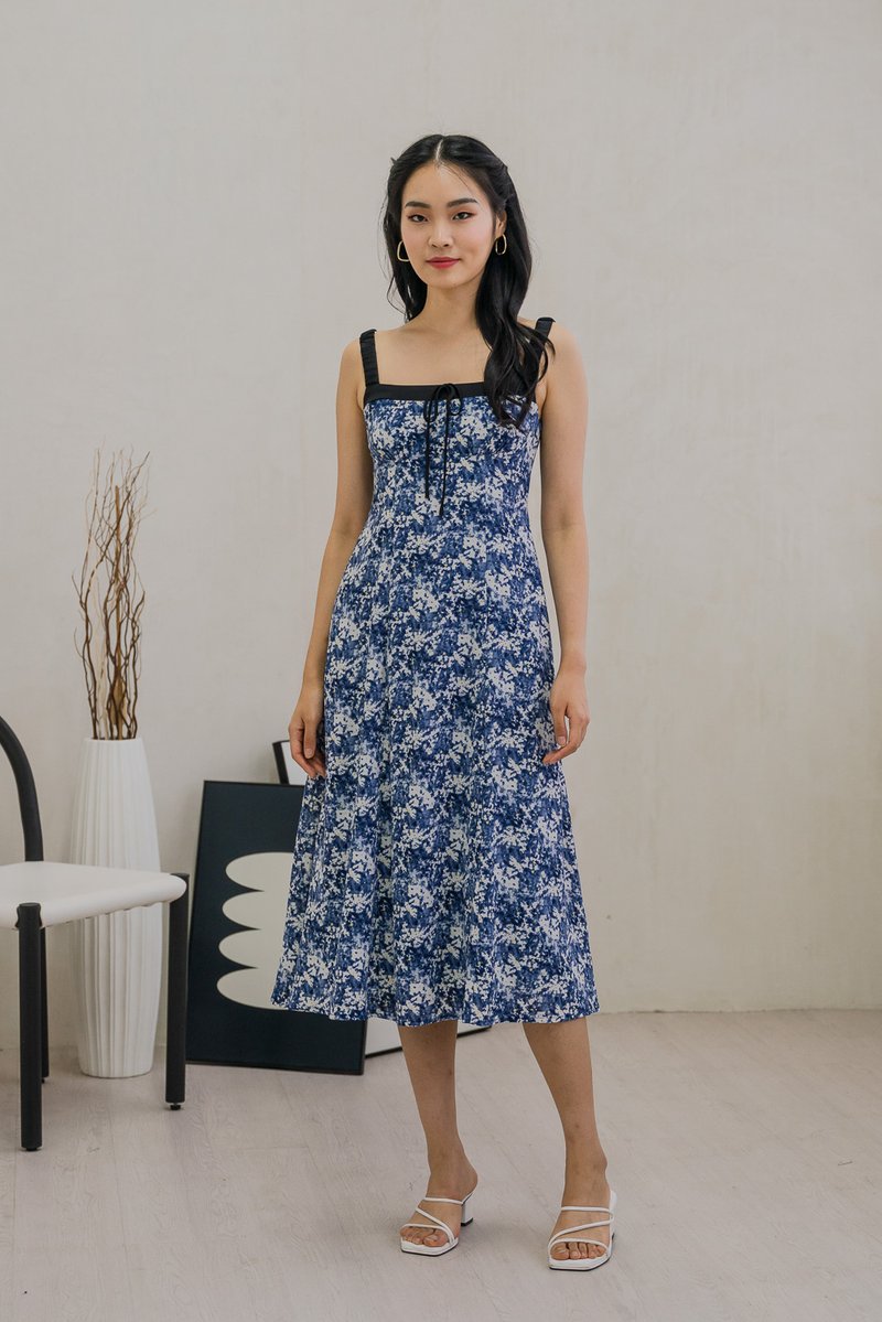 Celestial Printed Ribbon Midi Dress In Navy