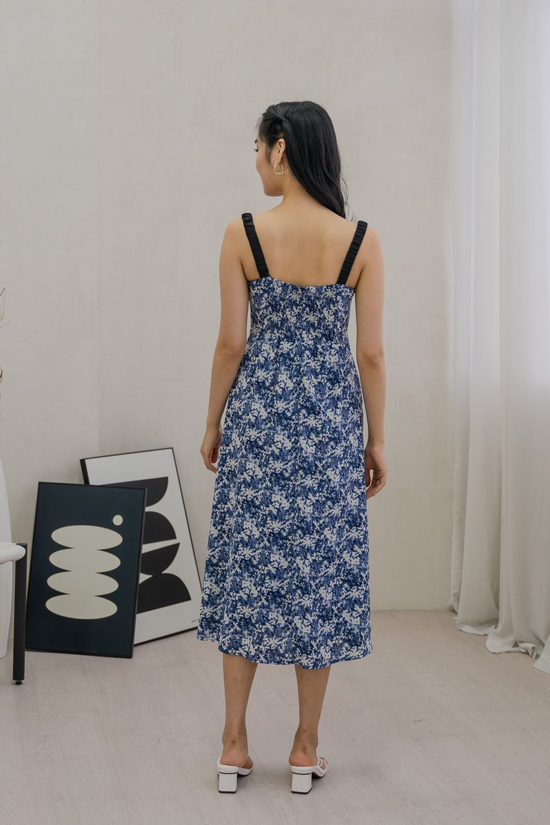 Celestial Printed Ribbon Midi Dress In Navy