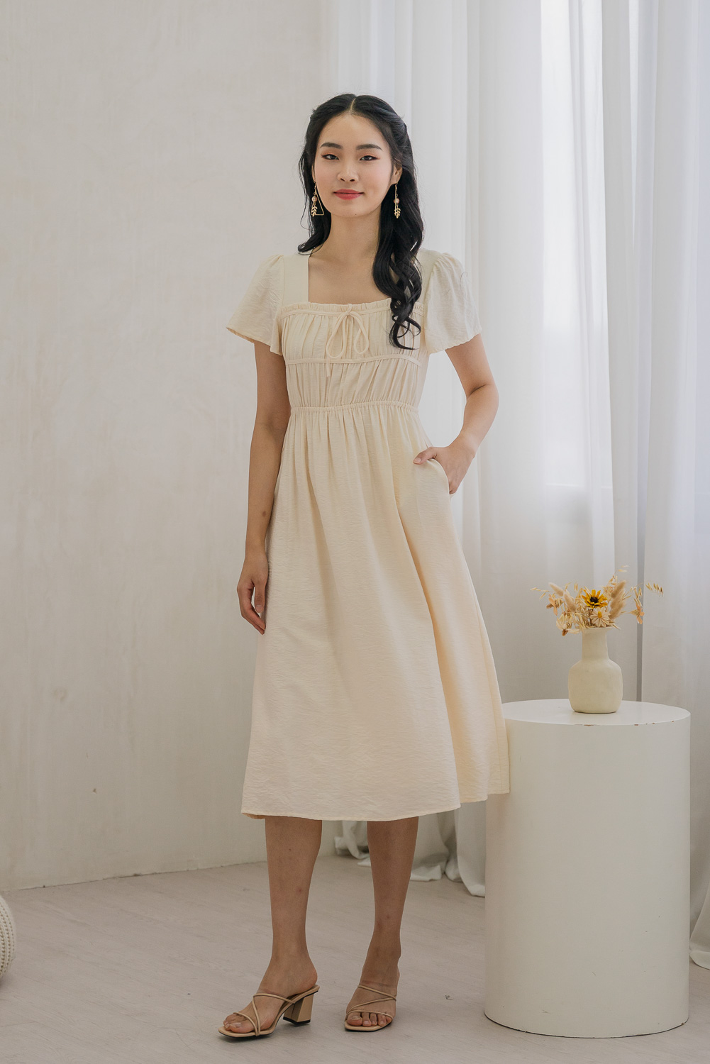 Mari Ruched Ribbon Midi Dress In Cream