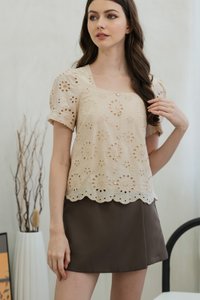 Illumi Iridescent Button Eyelet Top In Cream (XS)