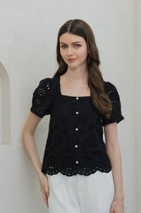 Illumi Iridescent Button Eyelet Top In Black (XS)