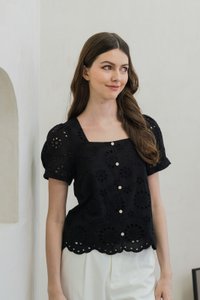Illumi Iridescent Button Eyelet Top In Black (XS)