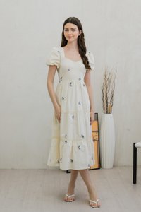 Flourish Embroidered Empire Midi Dress In Cream (XS)
